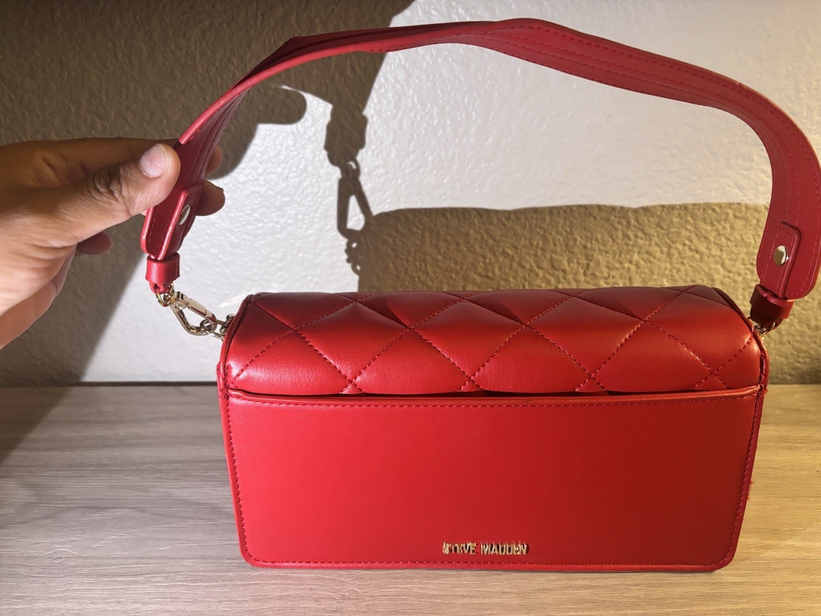 Steve Madden Red Quilted Shoulder Bag, Zip Closure,w/Charms-0126Bin5