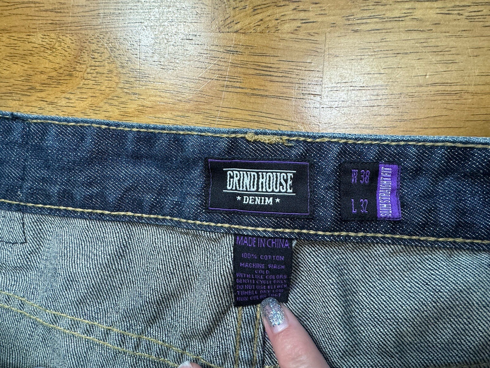 Grindhouse Bleach Washed Jeans Unique Design Mens Size 38×32 Slim Straight Fit