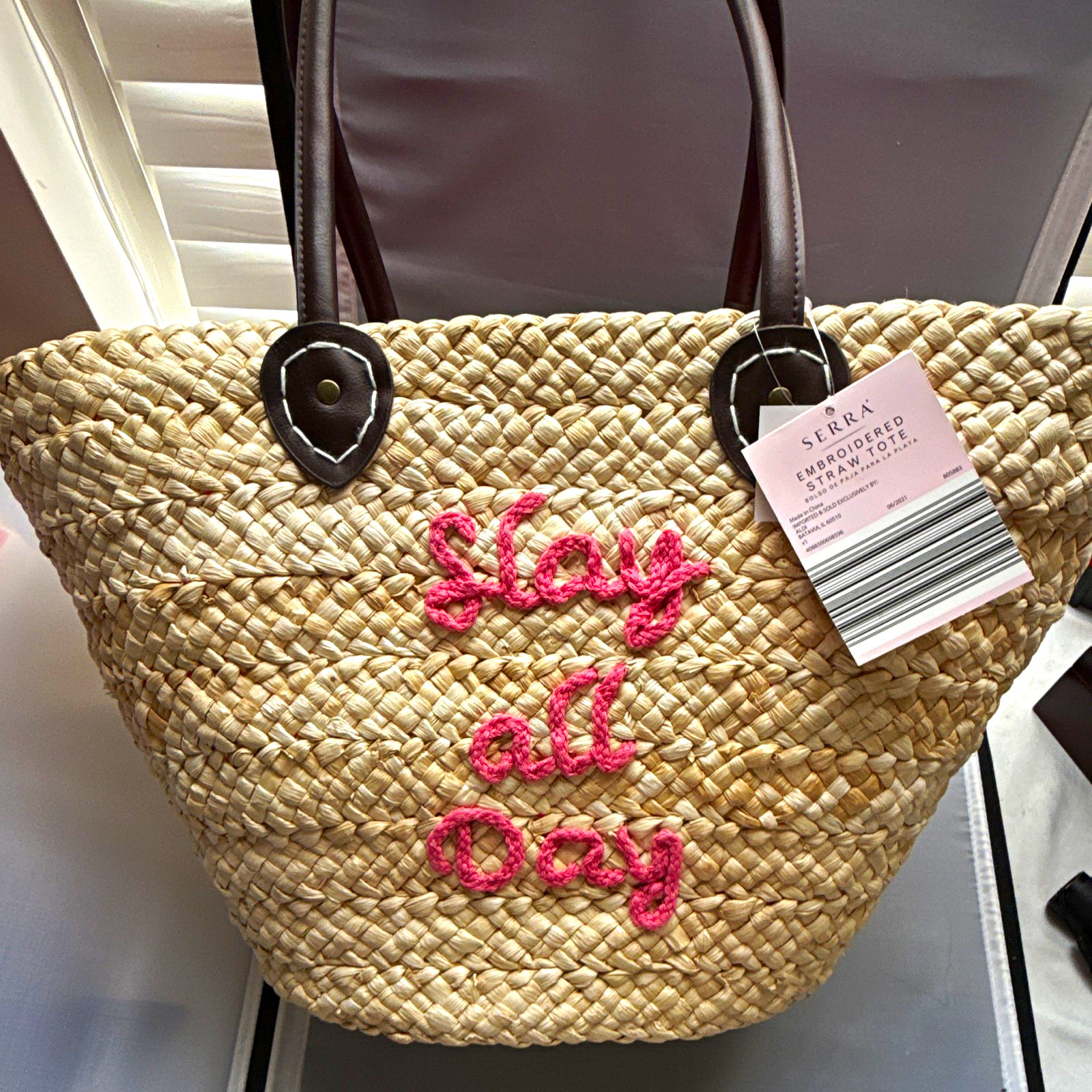 NWT Serra Embroidered Straw Tote Bag Slay All Day Pink Beach Handbag Aldi