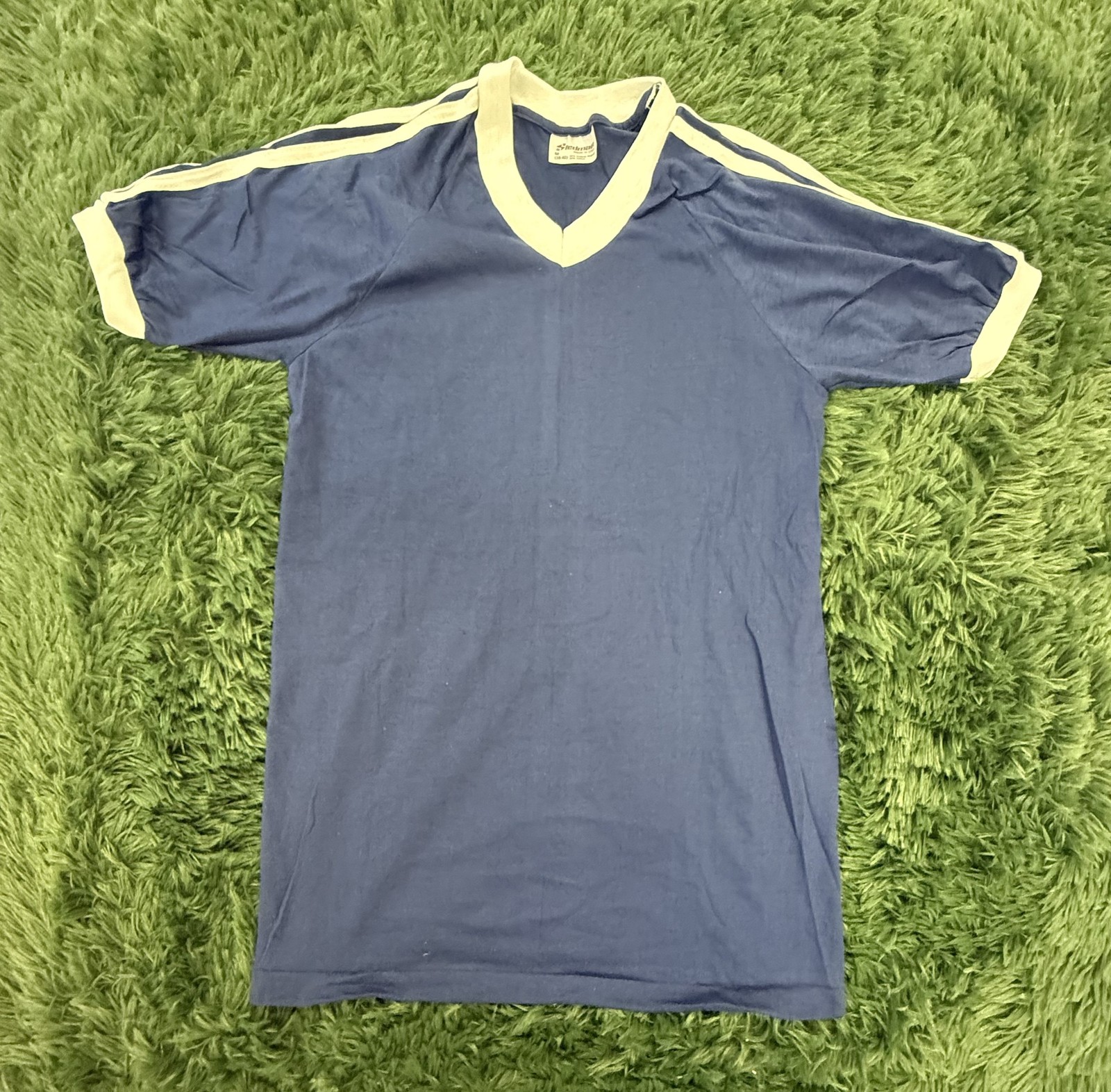 Vintage Stedman Men’s M 38-40 Blue White Raglan V-Neck T-Shirt Made in USA