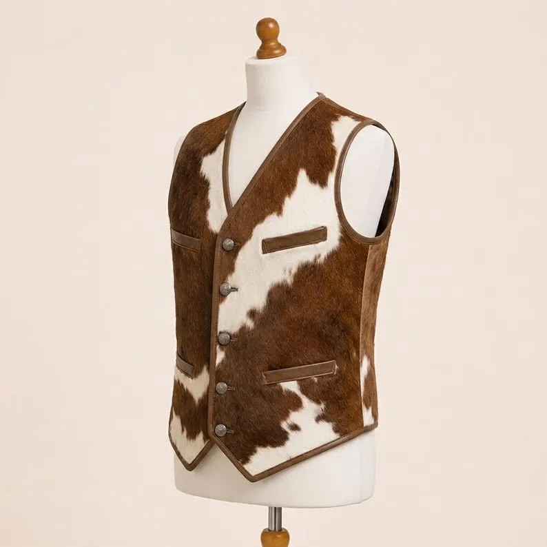 Cowhide Leather Vest Men’s Brown White Vintage Rancher Western Style