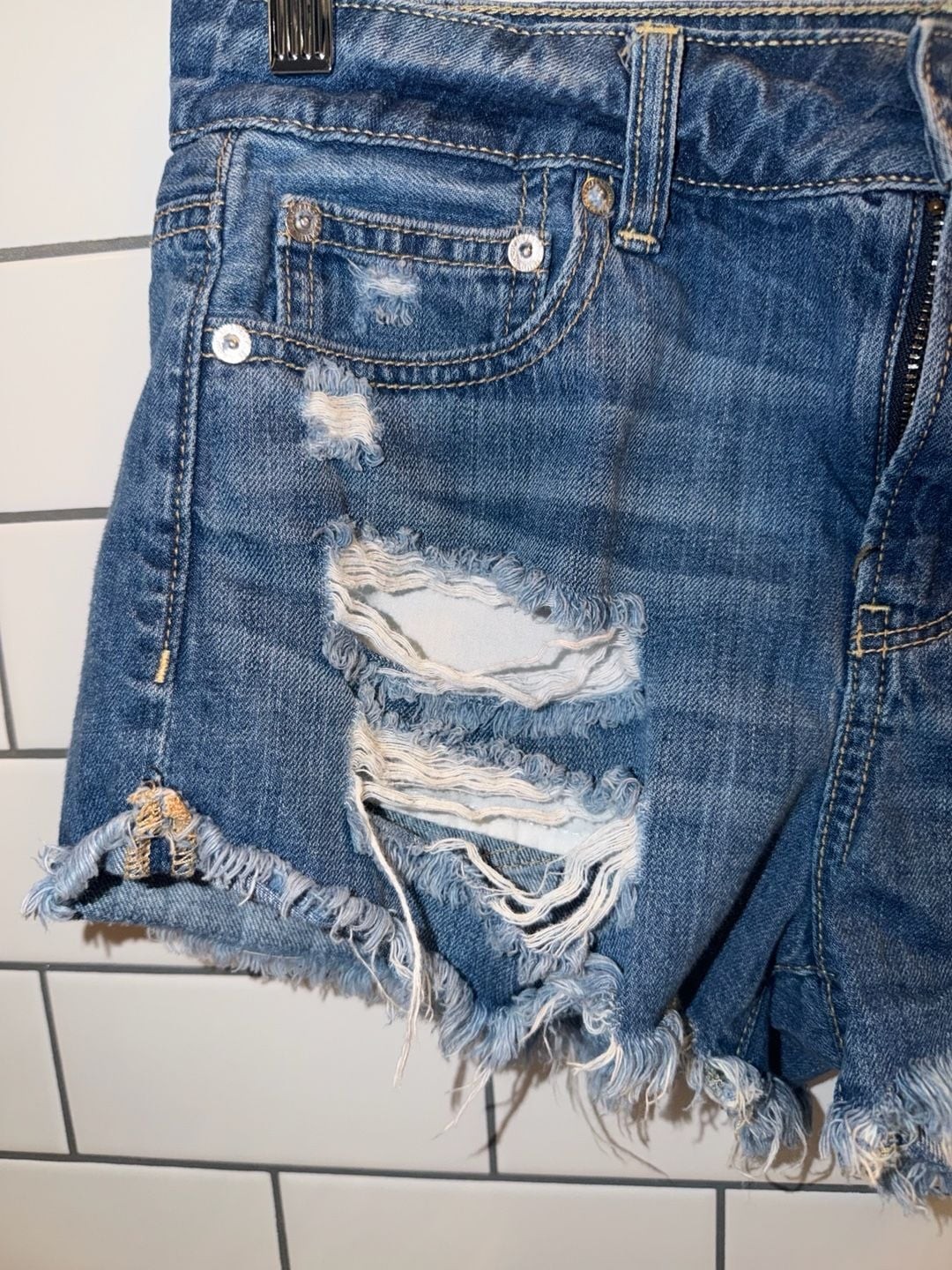 American Eagle Distressed Tomgirl Shortie Denim Shorts