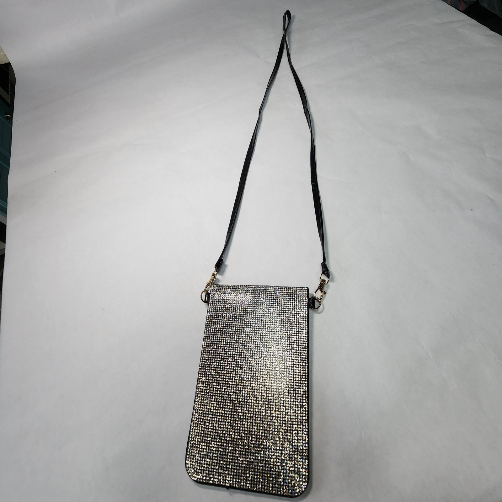 Black And Crystal Studded Phone Case With Clear View Panel And Shoulder Strap
