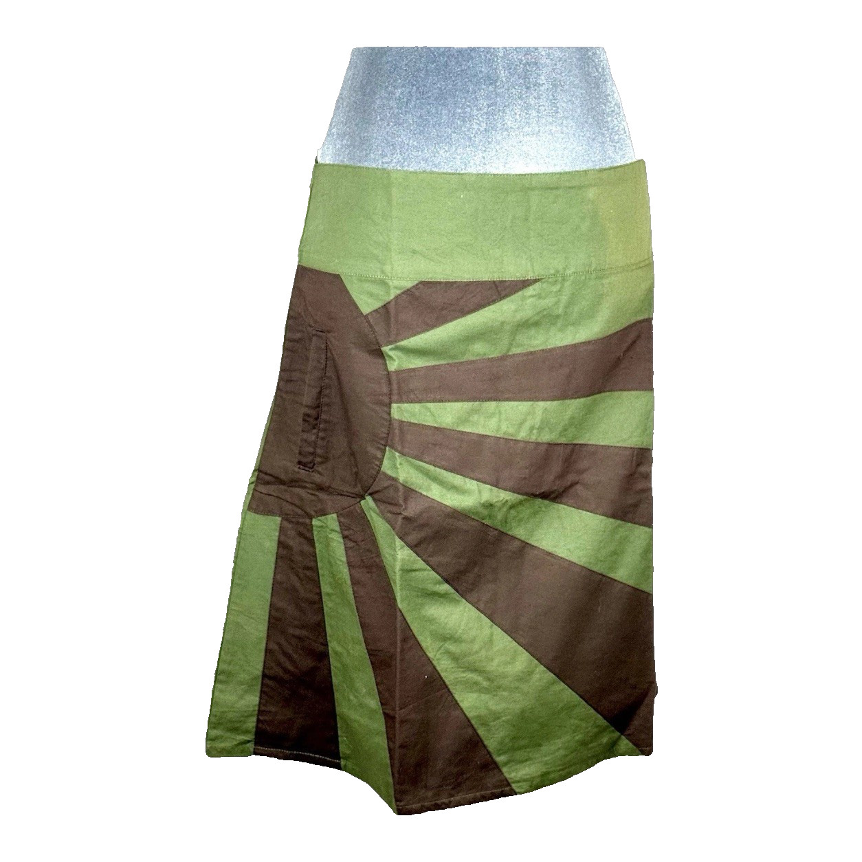 M&L Midi Skirt Medium Green With Brown Sunburst Pocket Zipper Hip 100% Cotton