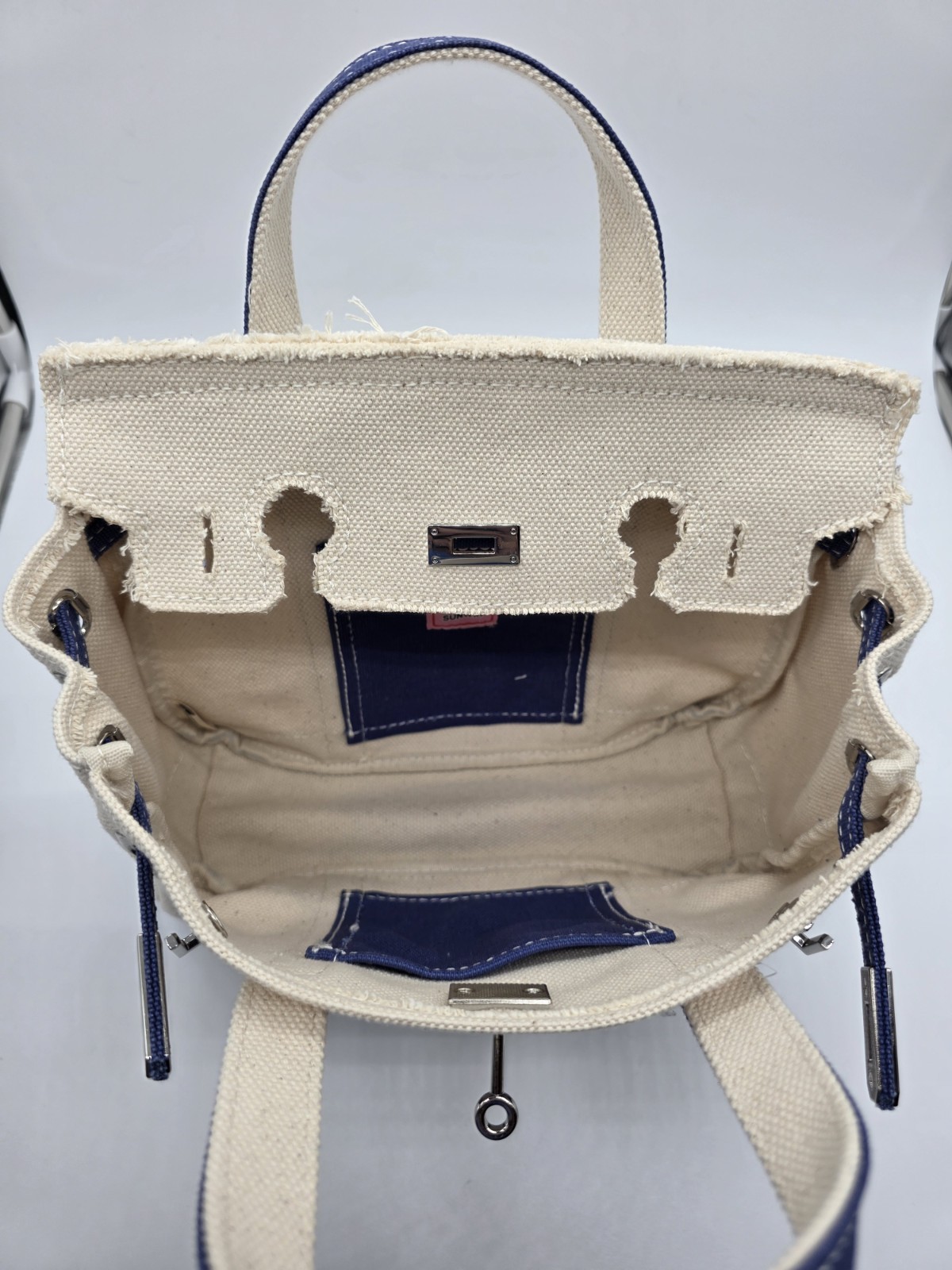 SUNWIN Beige Blue Satchel Top Handle Bag Turn Lock Drawstring Silver Hardware