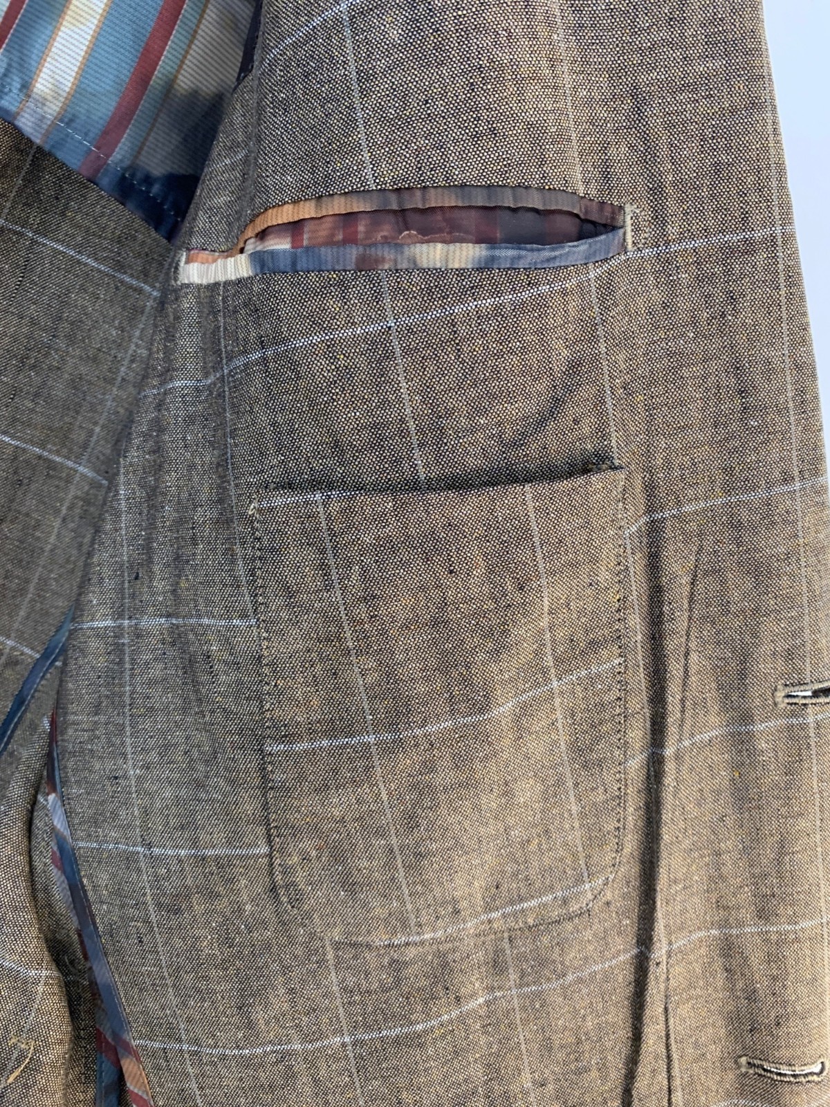 Kroon Mens Silk & Linen Window Pane Hunting Fray Blazer Size 42R Elbow Patches