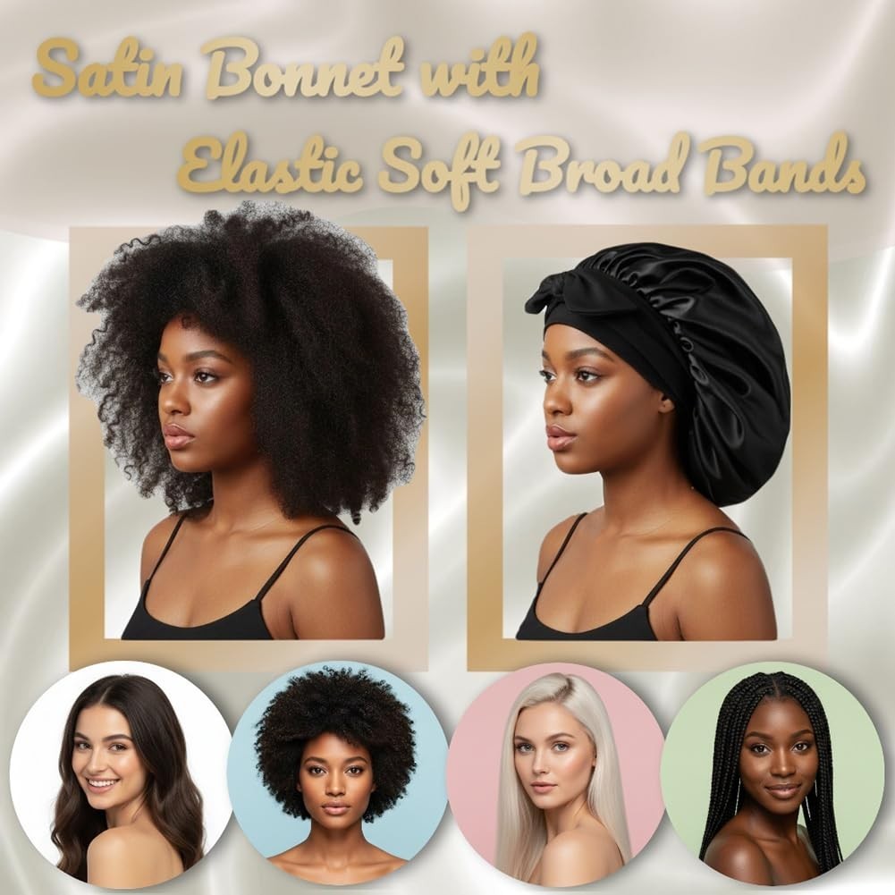 Satin Bonnets for Braids Silk Bonnet for Long Hair Covers Women XL Large Black