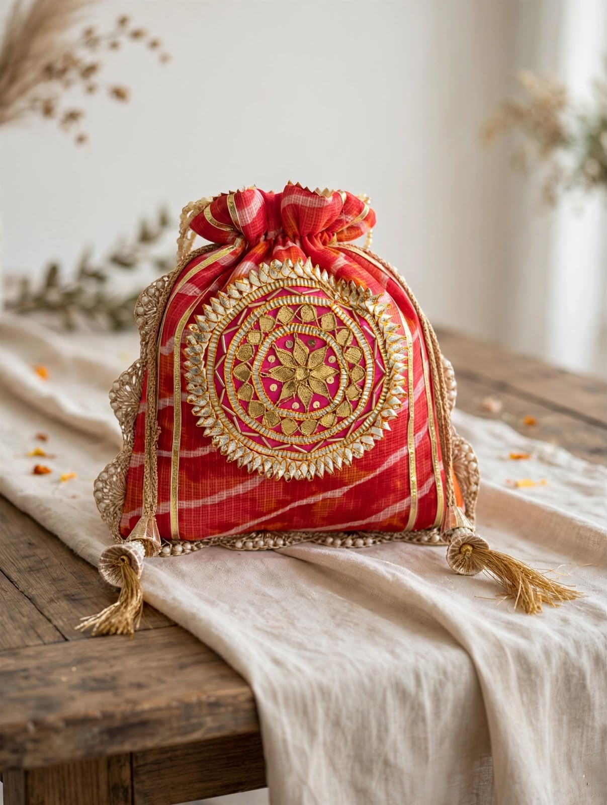 Indian Red Leheriya Gotta Handwork Flower with Pearl Lace and Handle Potli Bag