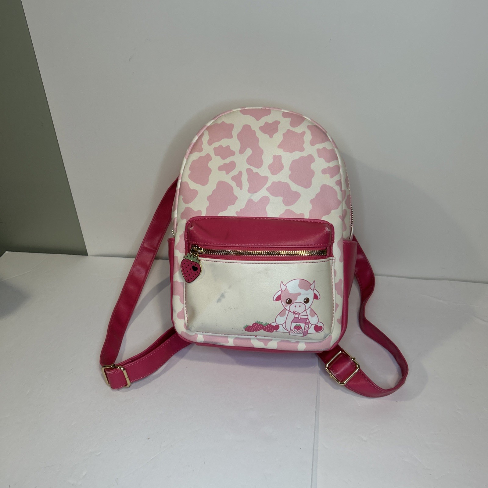 Strawberry Milk Cow Backpack Pink and White Used 11 Inches Gold Hardware Zipper