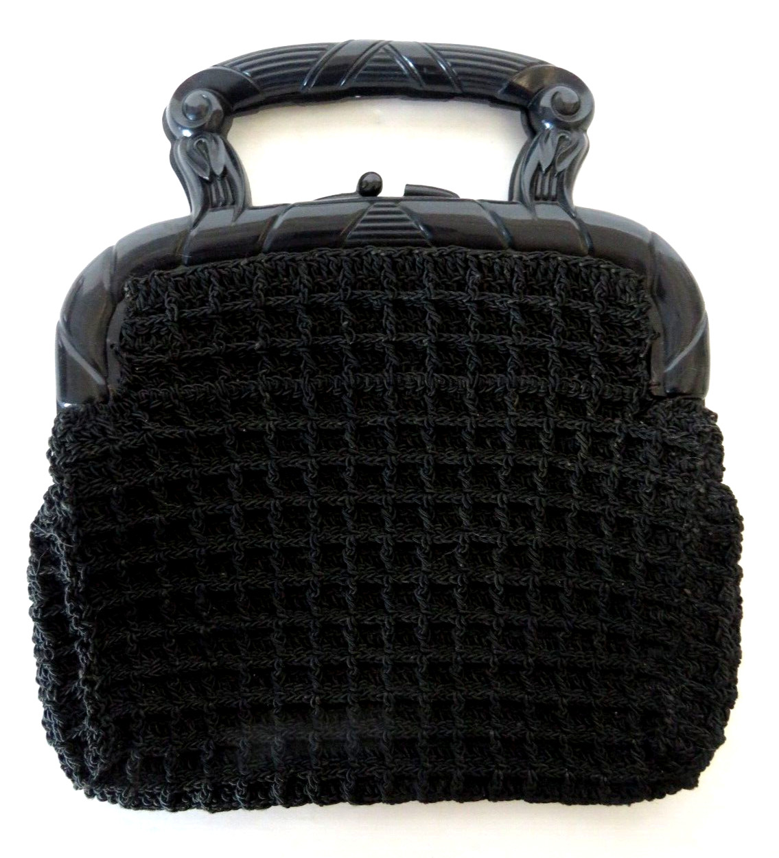 Vtg Purse Handbag Black Waffle Fabric Plastic Handle Clasp Small READ
