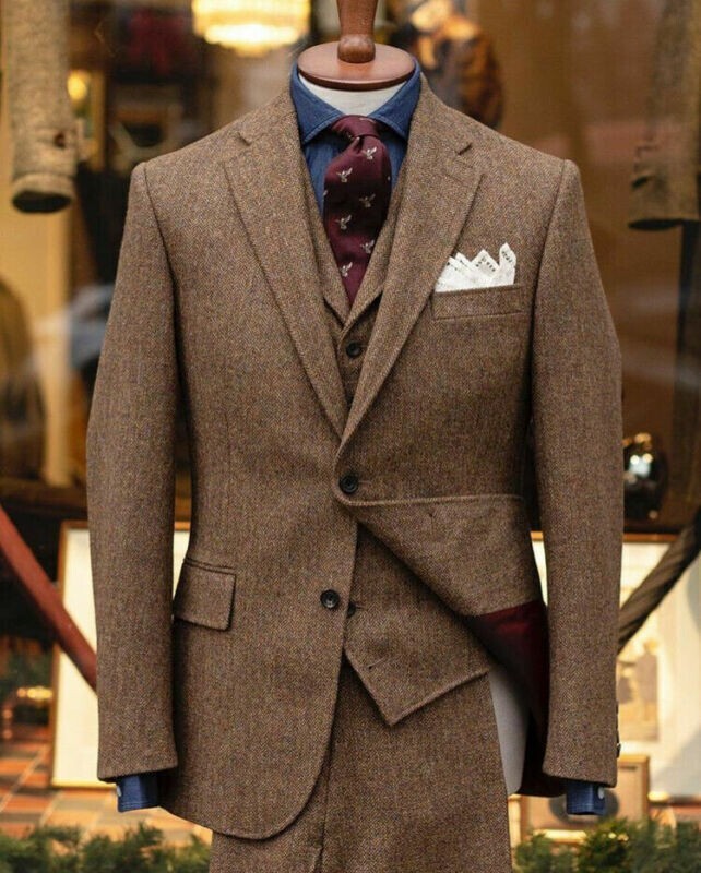 Men’s Brown Wool Herringbone Coarse Plaid Retro Groom’s Ball Tailcoat Wedding