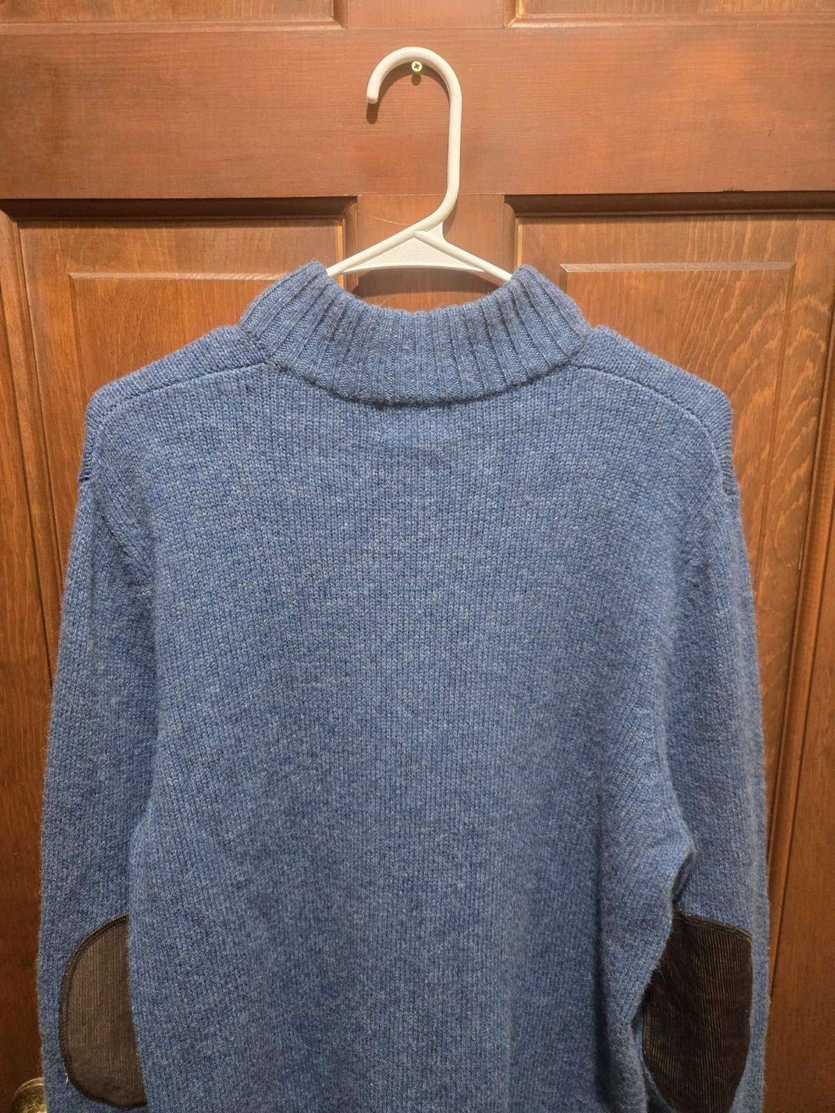 LL Bean Sweater Mens Medium Blue Shetland Wool Corduroy Elbow Patches 1/4 Zip