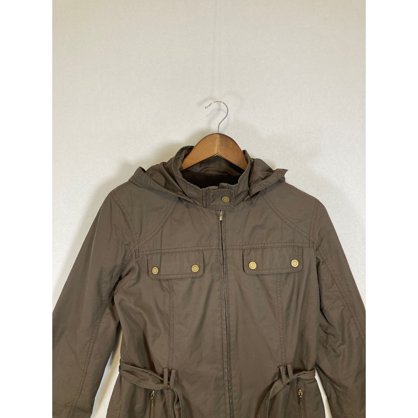 Utility Chic Gallery Women Medium Brown Hooded Belted Quilted Lining Trench Coat