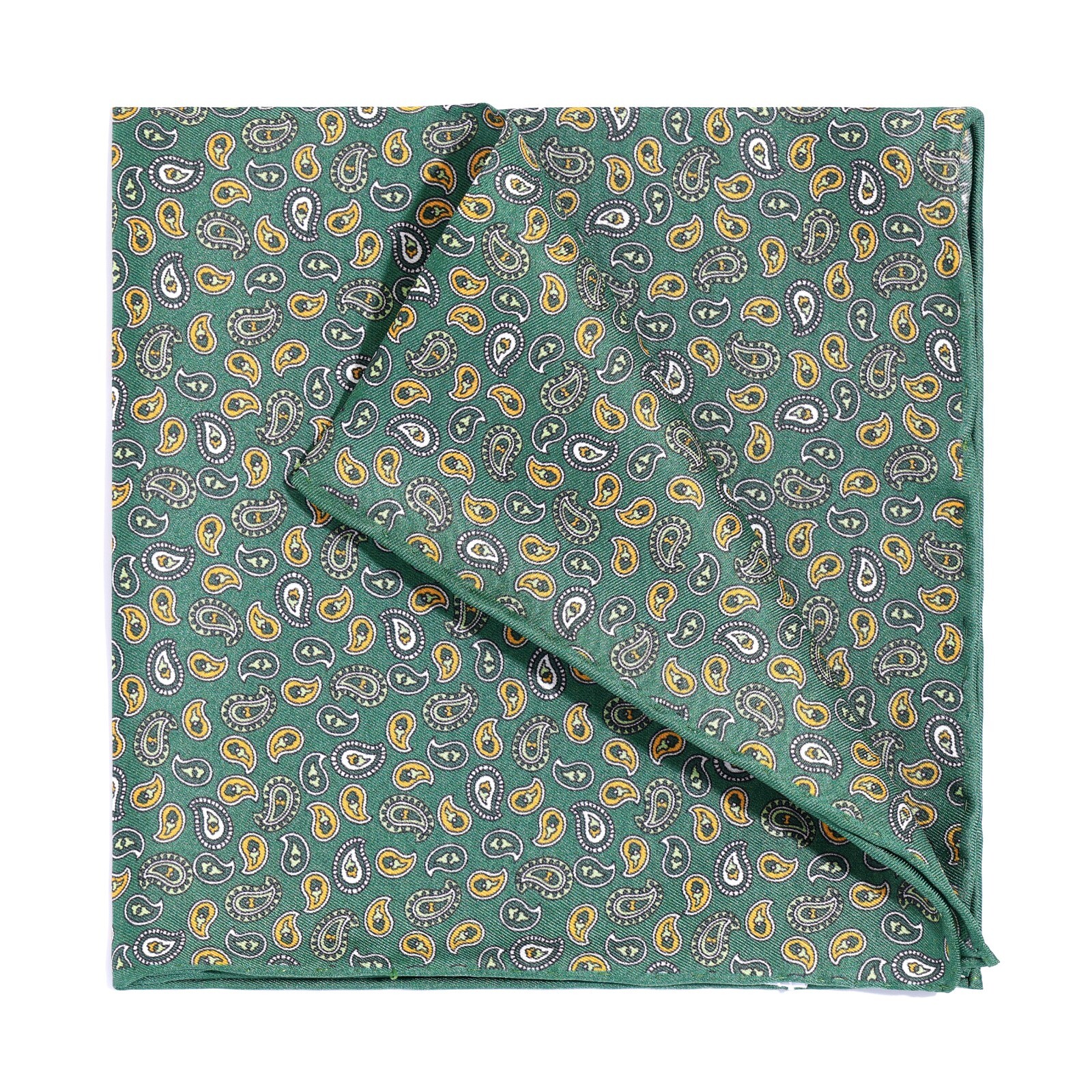 Men’s 100%silk Twill Pocket Square Green Little Paisley Hand Rolled 11.8″ 30cm