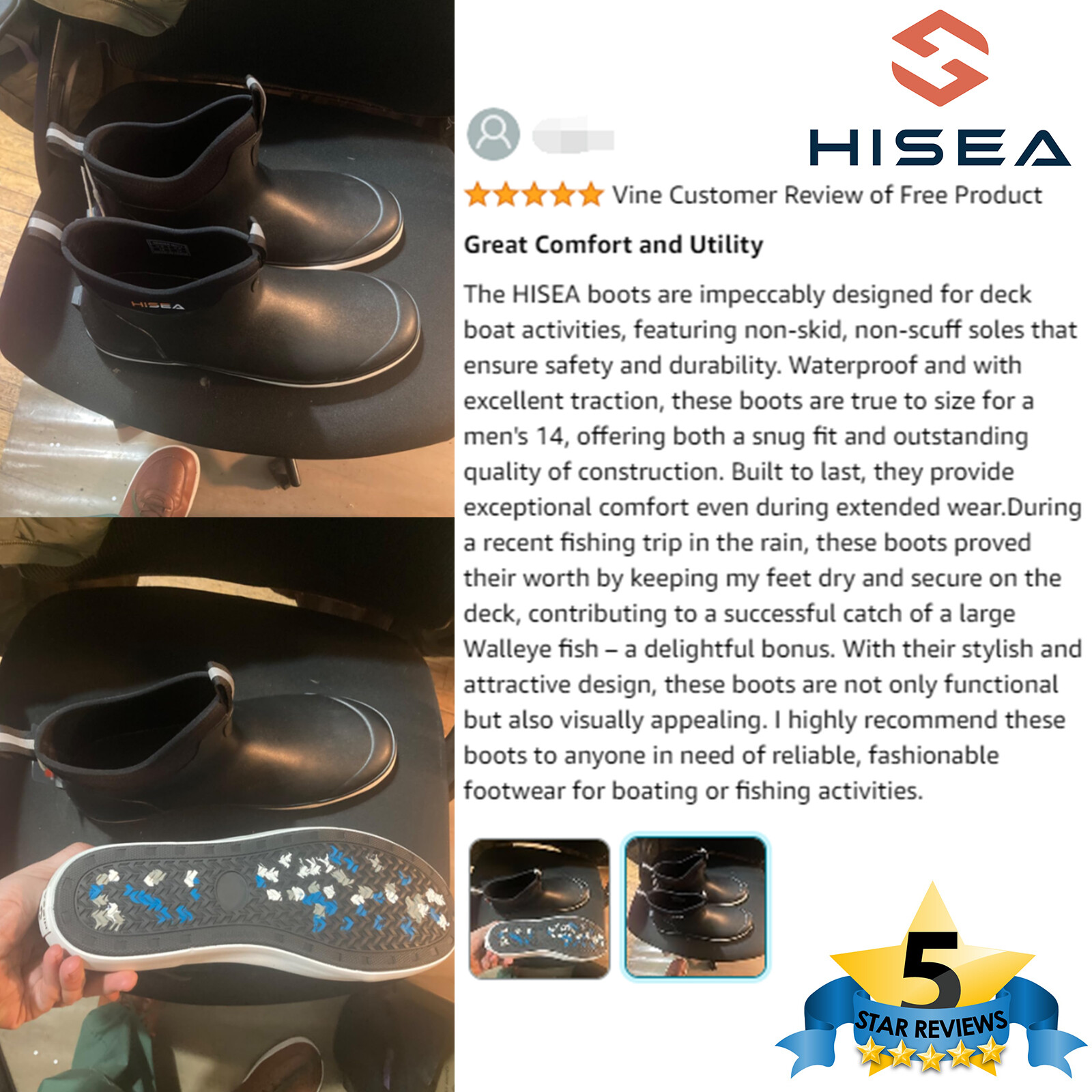 HISEA Men Deck Fishing Boots Waterproof Rain Boots Anti-Slip Cushioned Work Boot