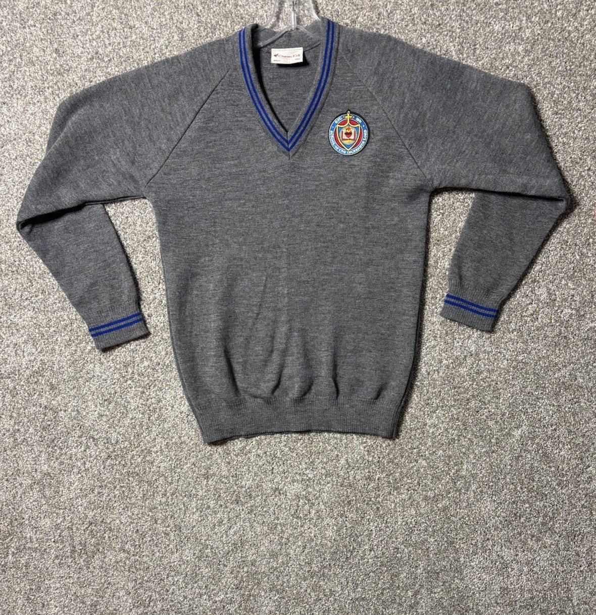 Vintage Charles Kirk of Worthing. Grey School Sweater with Embroidered Crest (M)