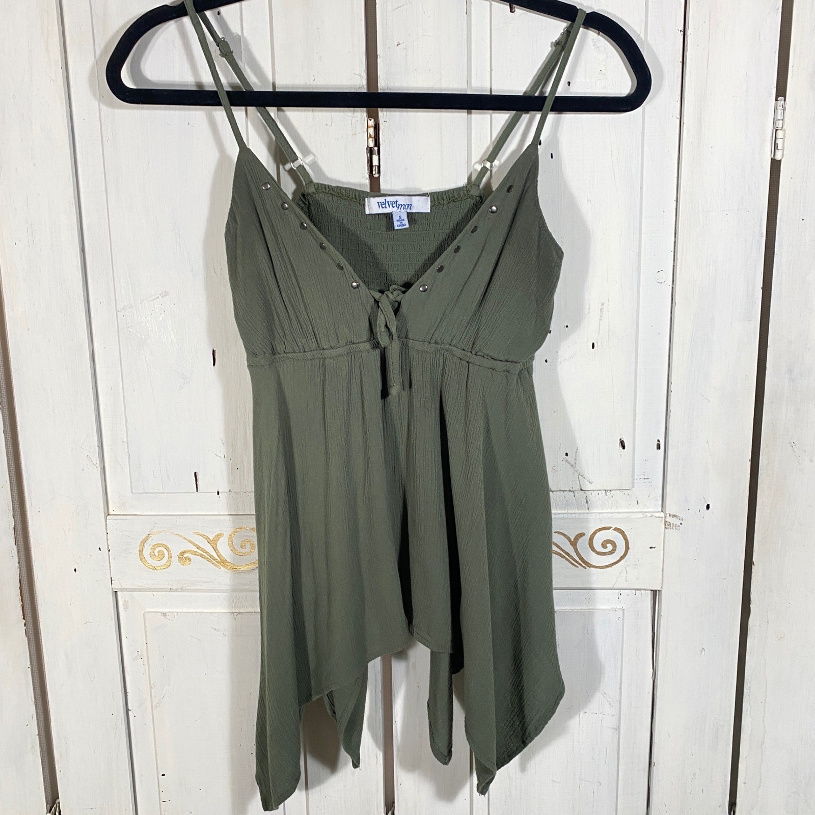 Velvet Moon Olive Green Handkerchief Hem Studded Camisole Top Small Boho Fairy