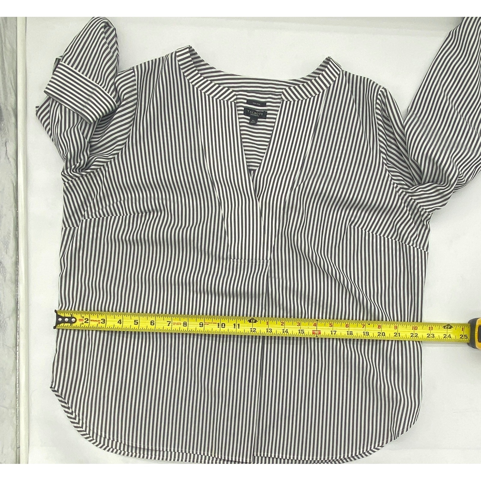 Talbots Womens Plus Petite XP Non-Iron Striped Split Neck Blouse Navy White