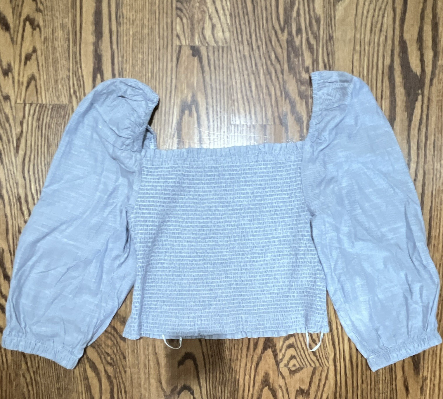 DKNY Jeans Women’s Blue Smocked Square Neck Cropped Puff Sleeve Blouse, S