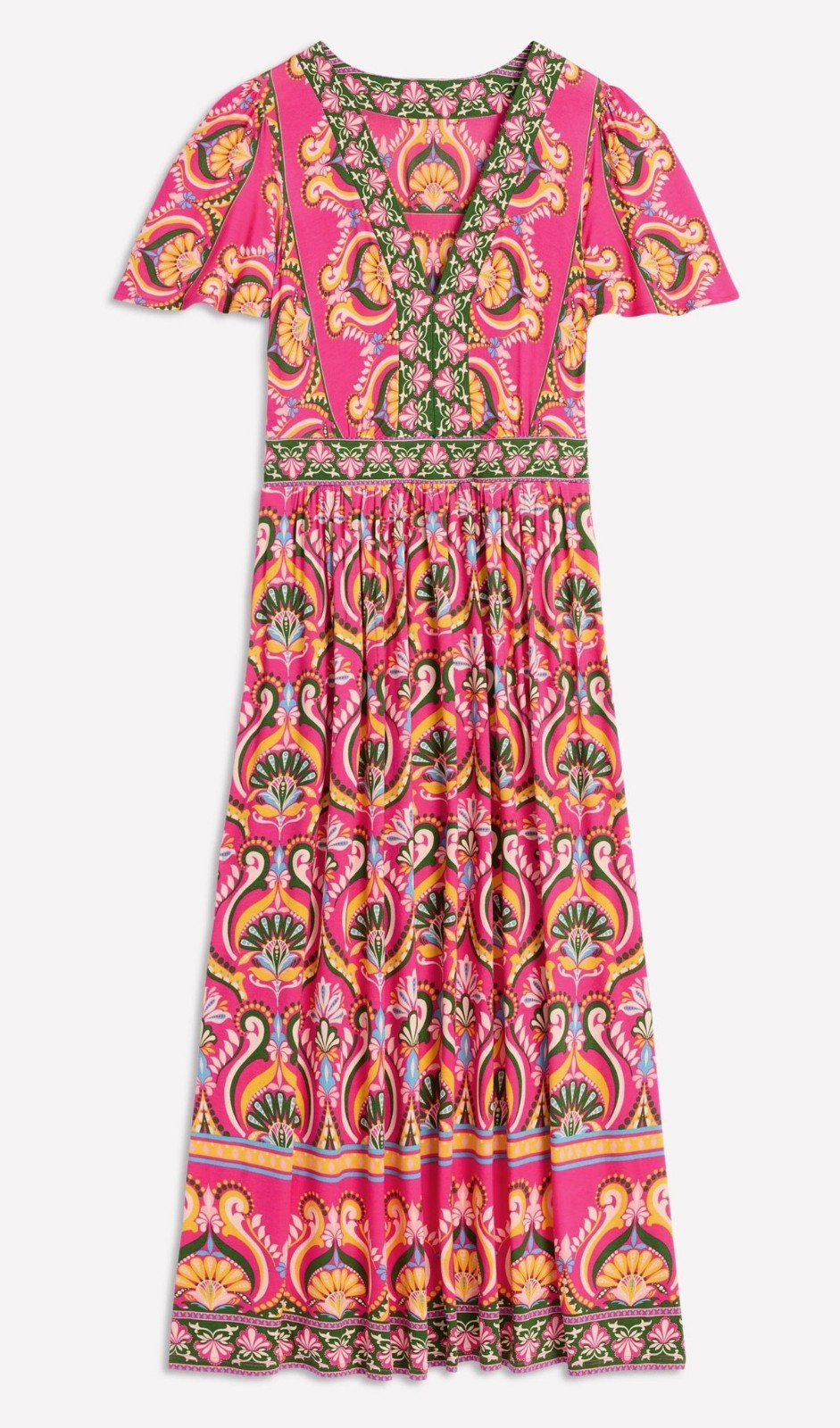 Boden ELLIE FLUTTER V-Neck Pink/Green/Yellow Short Sleeve Jersey Maxi Dress 18R