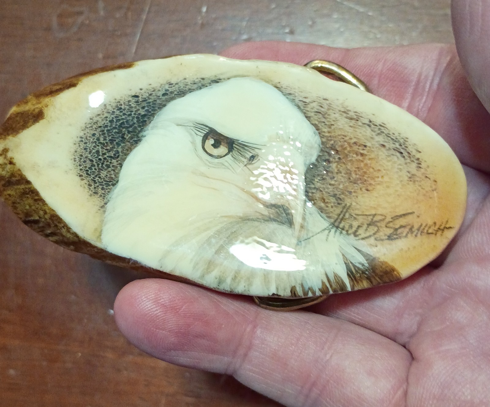 VINTAGE ANTLER BELT BUCKLE BALD EAGLE PAINTING USA ALICE B SEMICH NOS NICE!