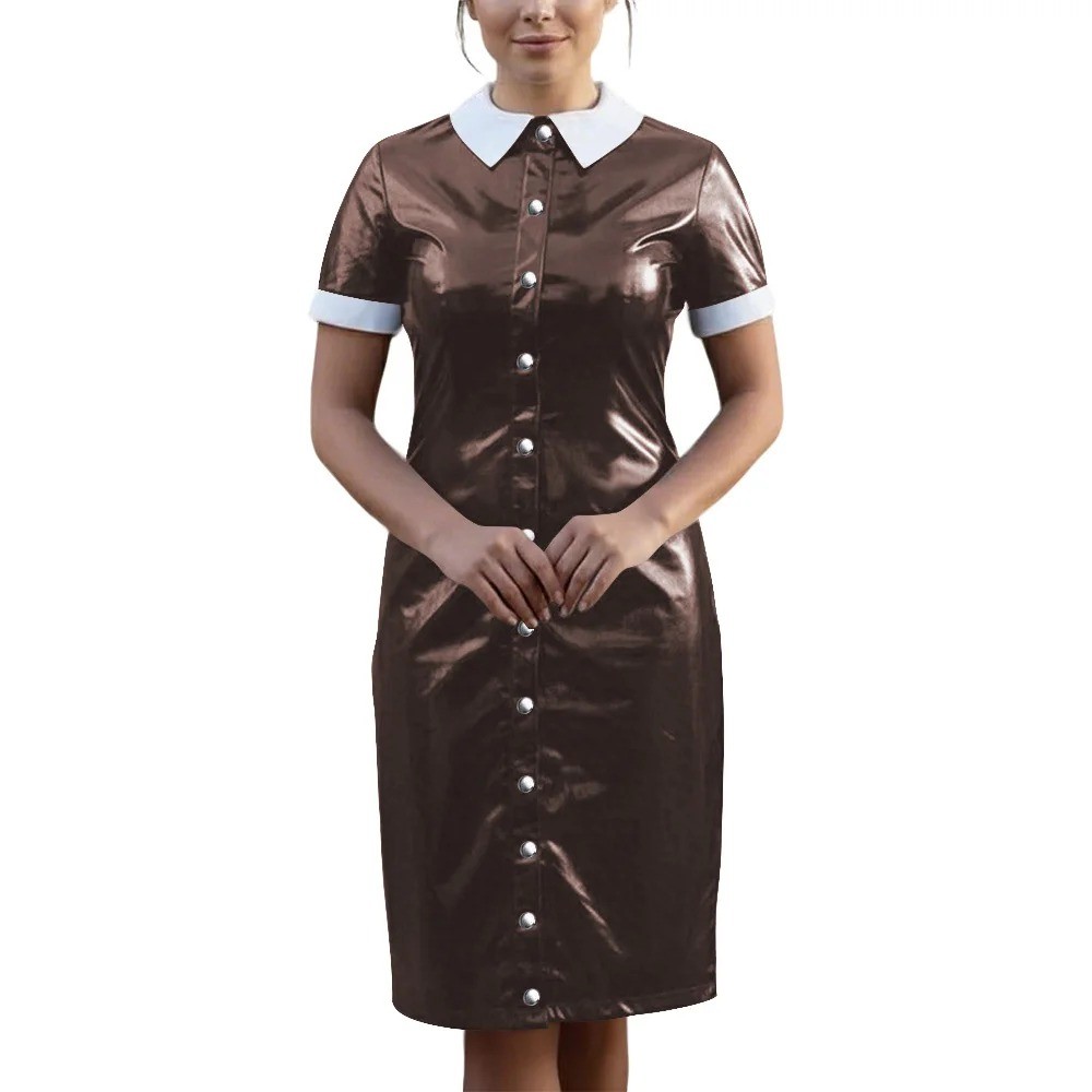 Vintage Wetlook PVC Leather Party Uniform Club Vestidos Bodycon Midi Dress