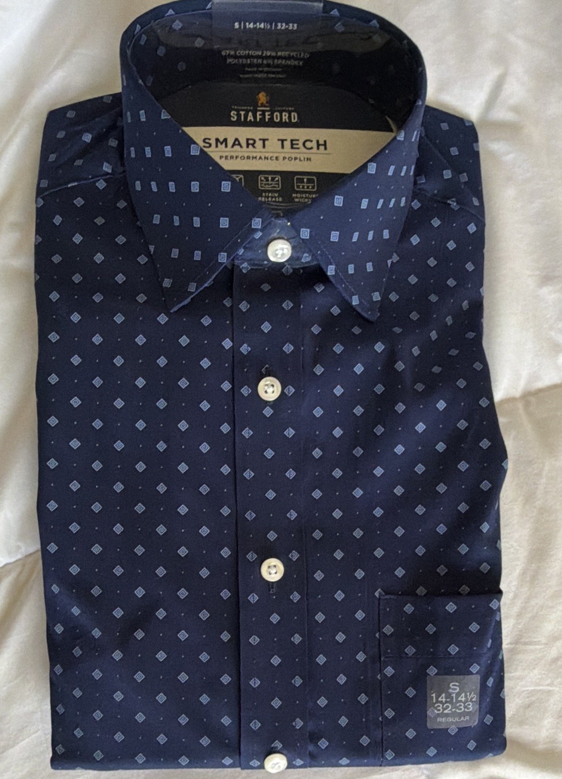 Stafford Smart Tech Geometric Dress Shirt Navy Blue Regular Fit 14-14.5 32/33