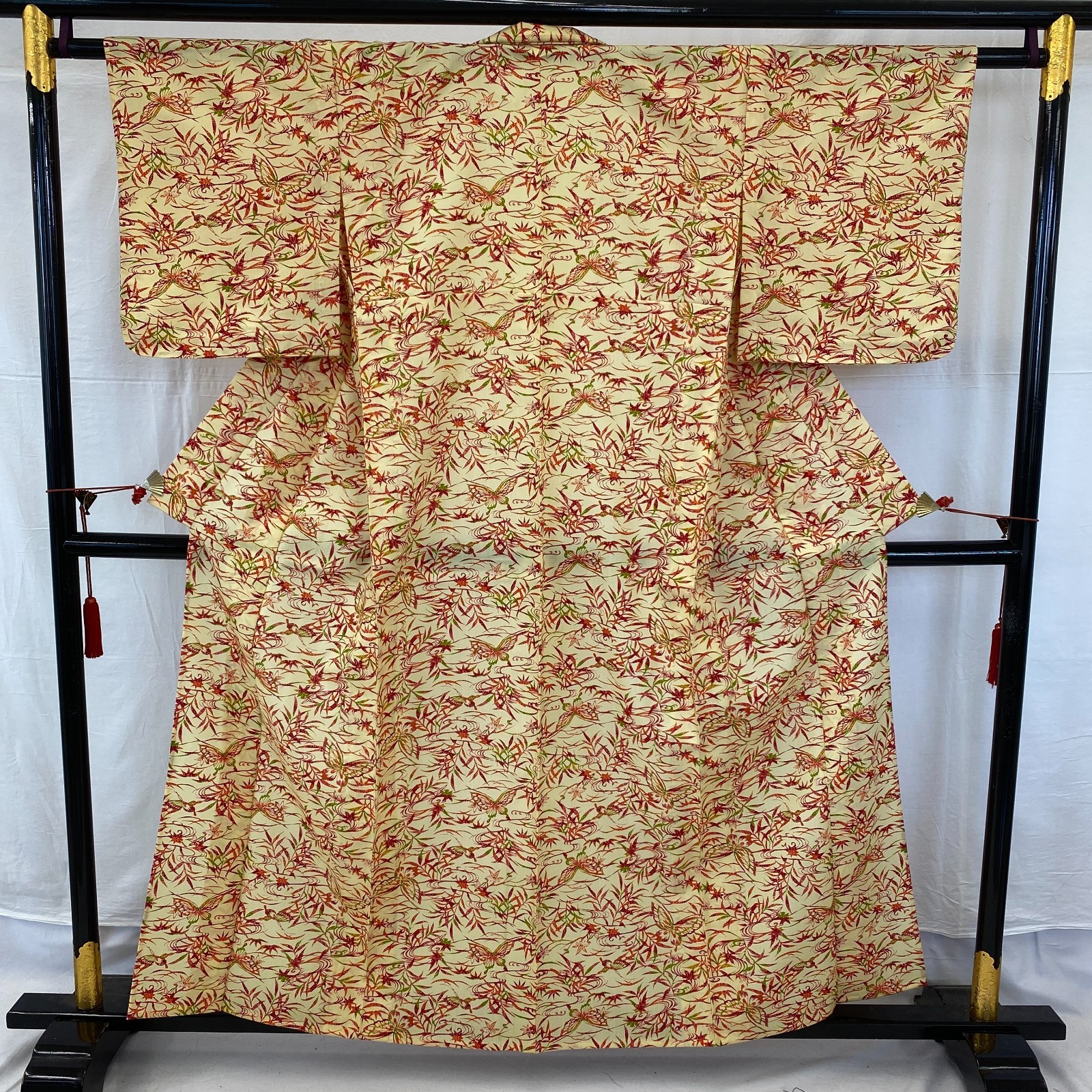 Japanese Vintage Kimono Polyester yellow No Lining Komon Traditional Length 61in