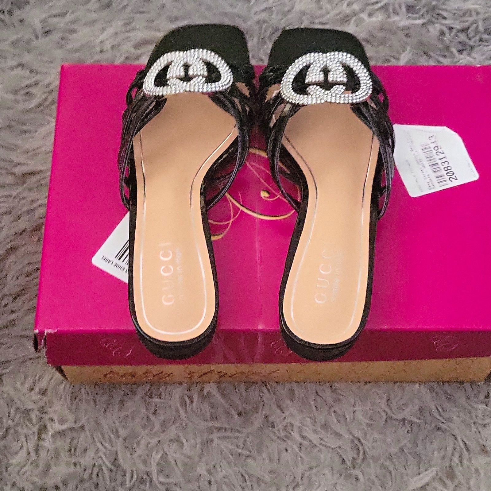 Gucci Black Leather Logo/Rhinestone Accents Flat Slip-On Slide Sandals Women 8.5
