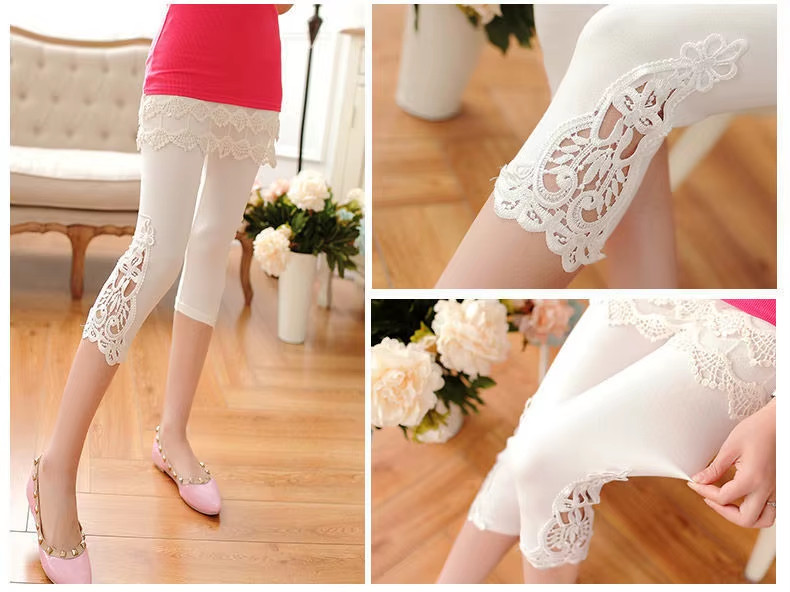 Women’s High-Waist Lace Stretch Capri Leggings – Knee-Length Sports & Fitness Pa