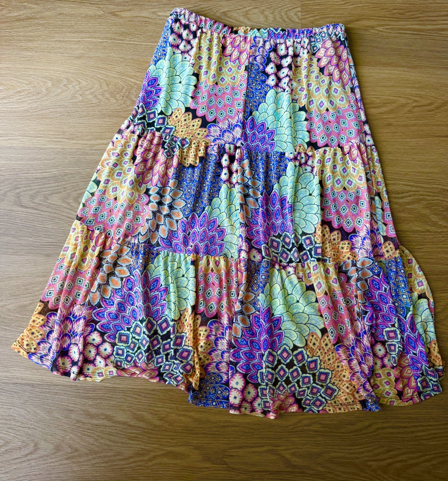 Harlow & Rose Boho Floral Tiered Skirt Women’s Size L Colorful Lined Midi