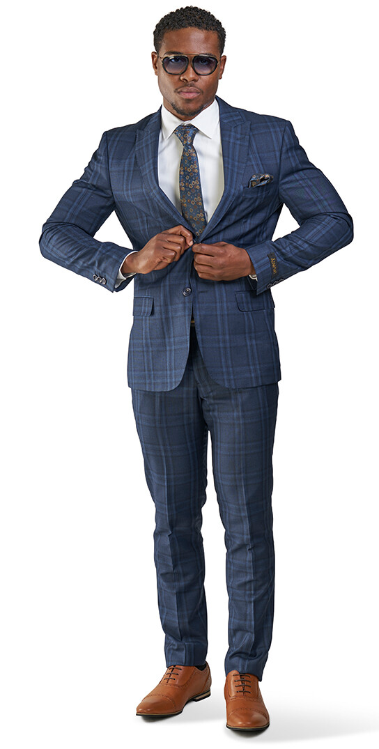 Slim Fit 2 Button Navy Blue Windowpane Plaid Mens Suit Peak Lapel 35071 AZARMAN