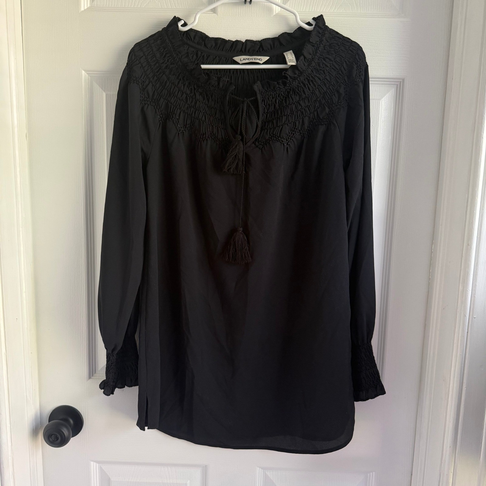 Lands End Womens Black Smocked Embroidered Tassel Peasant Blouse Size 8