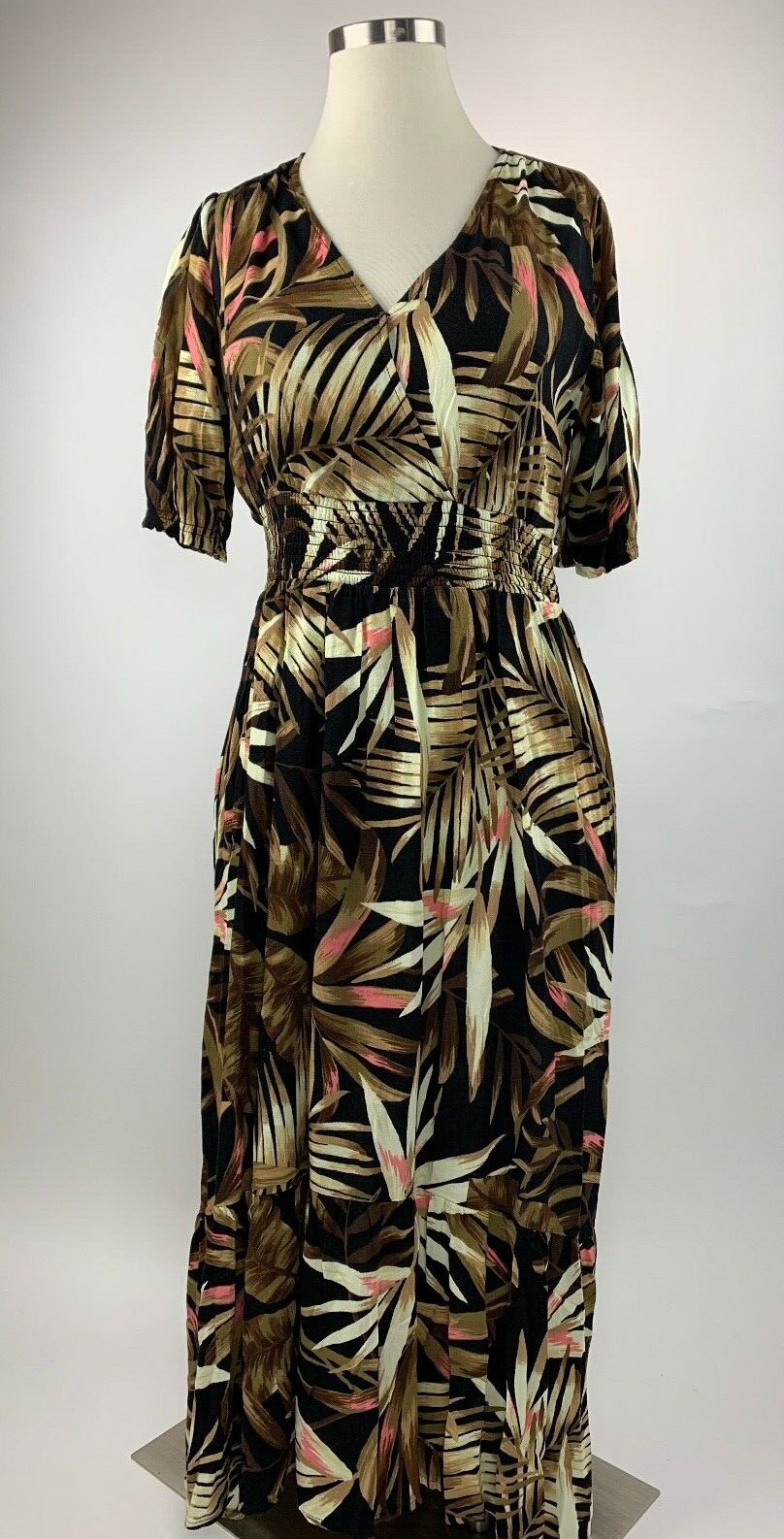 NEW Old Navy Black Brown Waist Defined Botanical Leaf Frond Dress Small S
