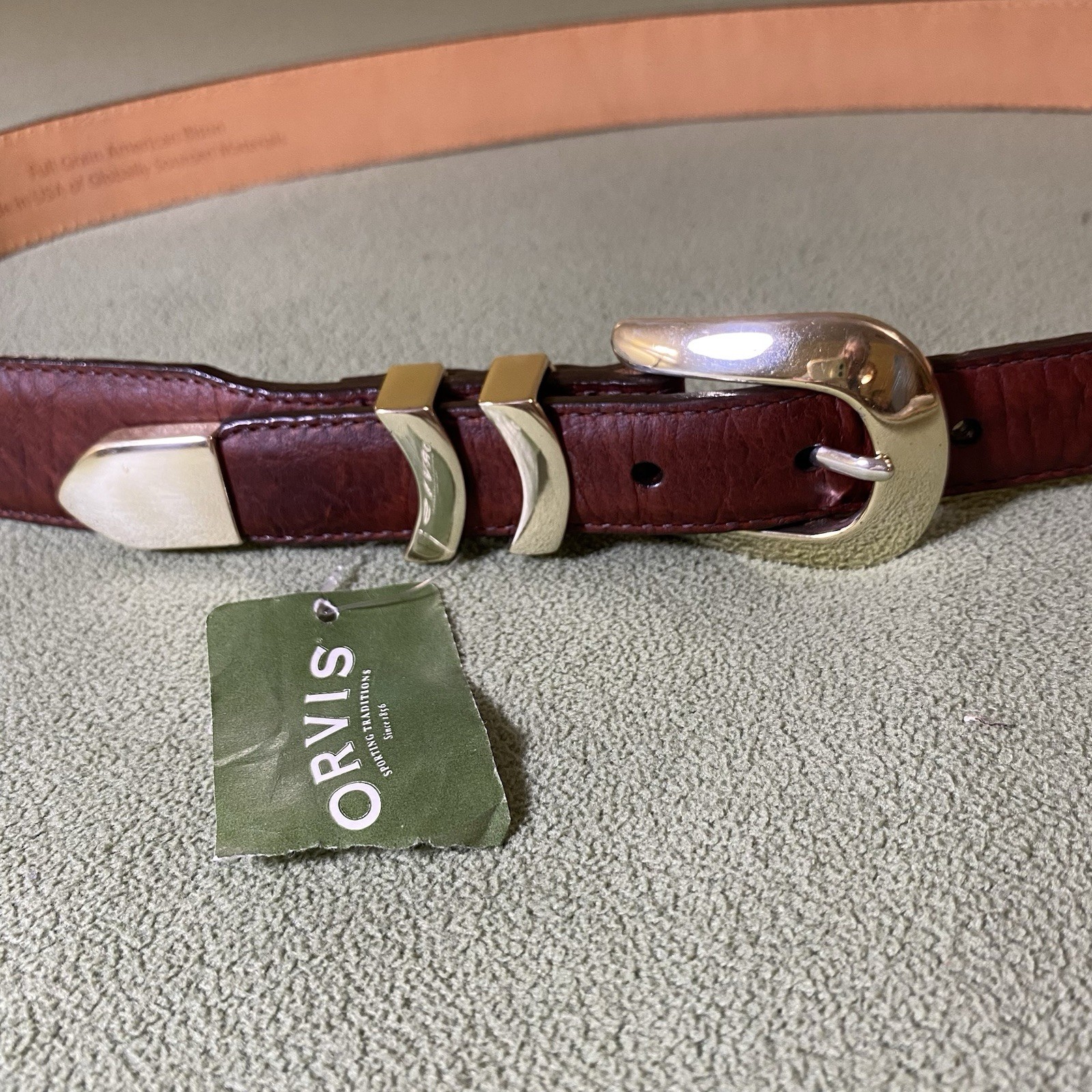 Orvis Mens Sz 40 Medium Brown American Bison Belt Tapered End Gold Buckle USA
