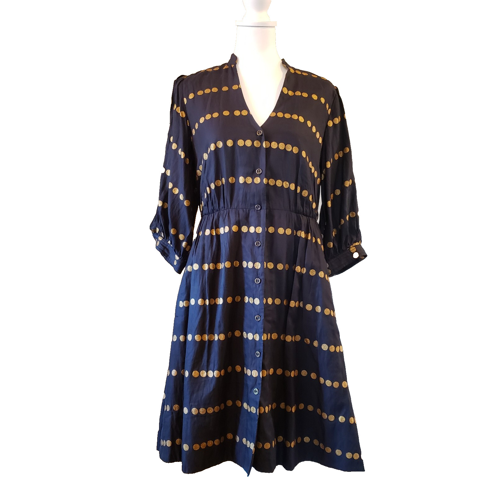 Anthropologie Postmark Dress Womens 6 Navy Gold Dots Slit Sleeves Silk Blend EUC