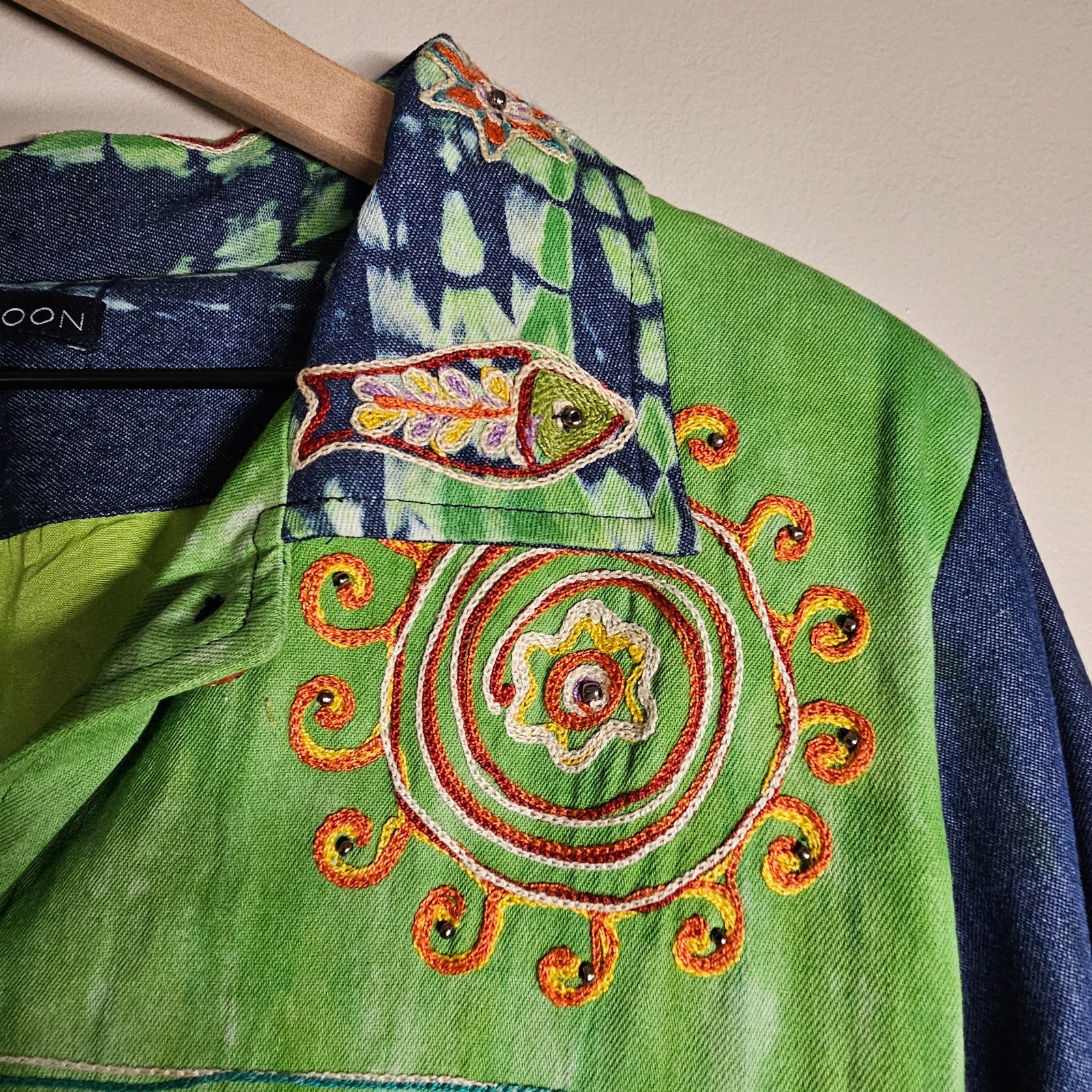 Indigo Moon Large Jacket Green Tie Dye Blue Denim Embroidered Beaded Boho Artsy