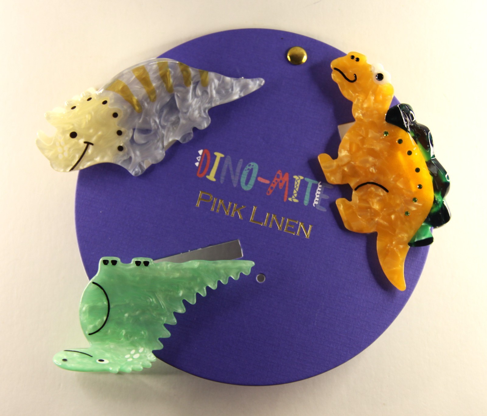 PINK LINEN Dino-Mite 3 Pc Hair Claw Clips Brachiosaurus Stegosaurus Triceratops