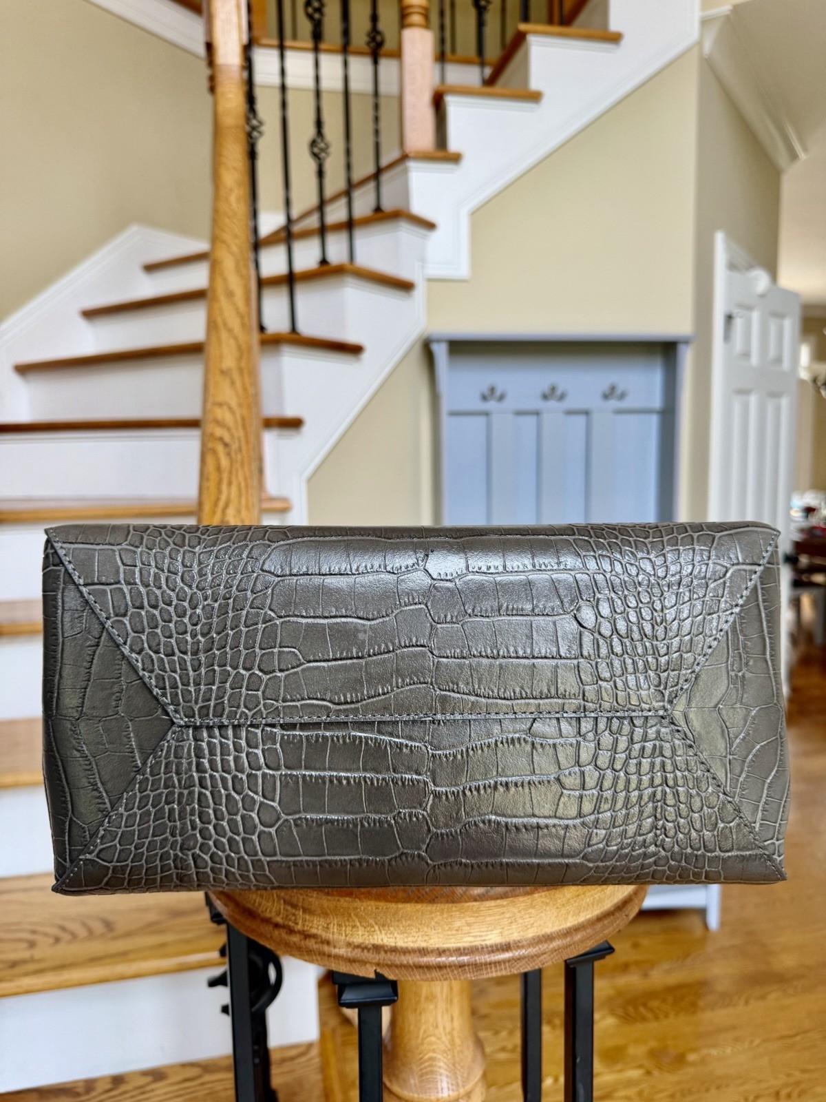 Teddy Blake 12” Lola Bag Dark Grey Croco Embossed Leather satchel NWT