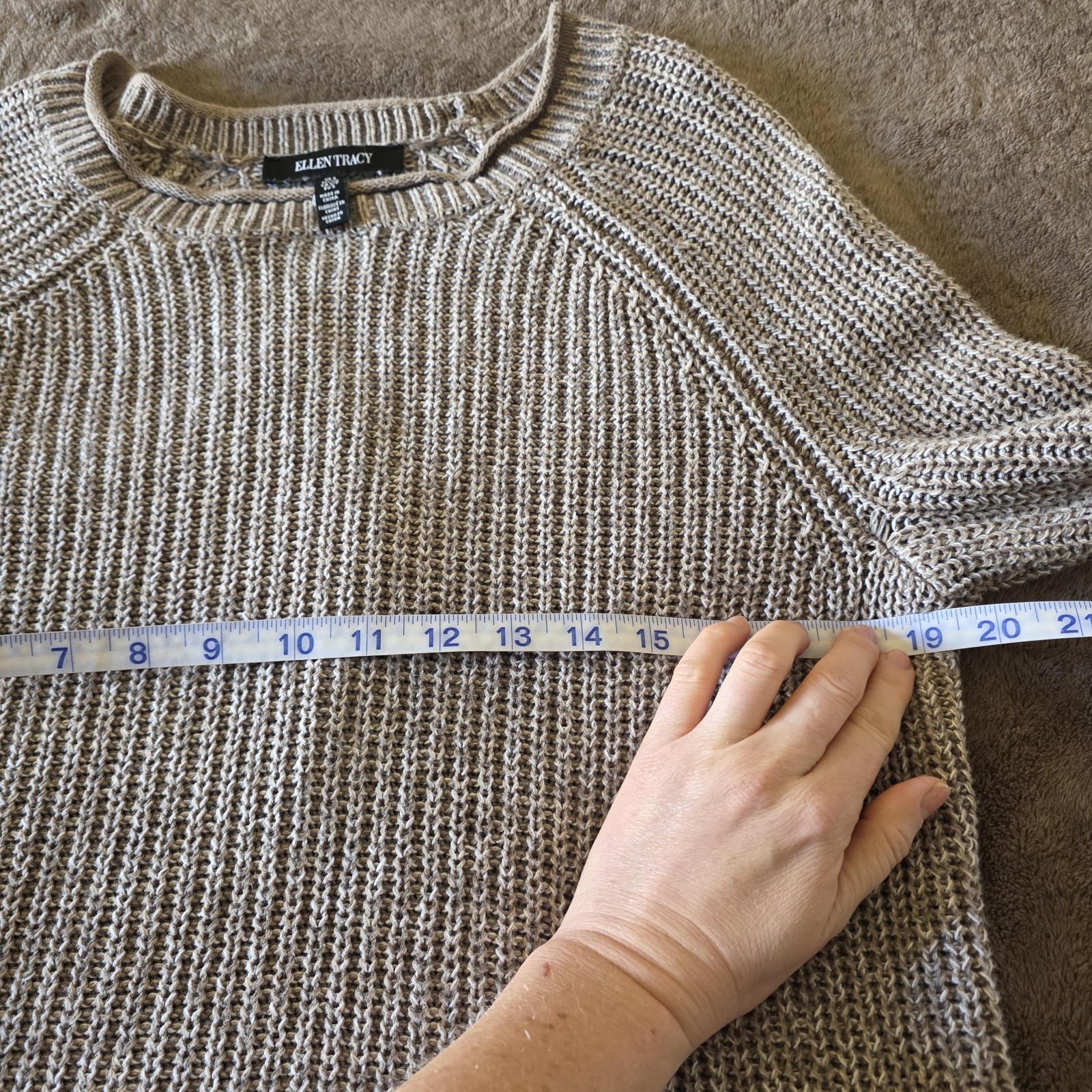 Ellen Tracy Oatmeal Marl Sweater Womens Small Ribbed Knit Cotton Pullover