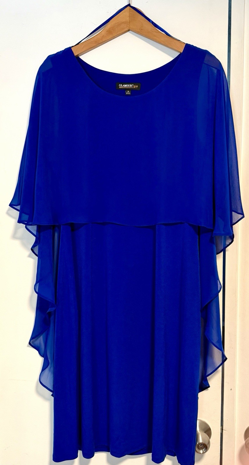 Glamour Women’s Blue Chiffon Shift Dress Knee Scoop Neck Cape Sleeve XL