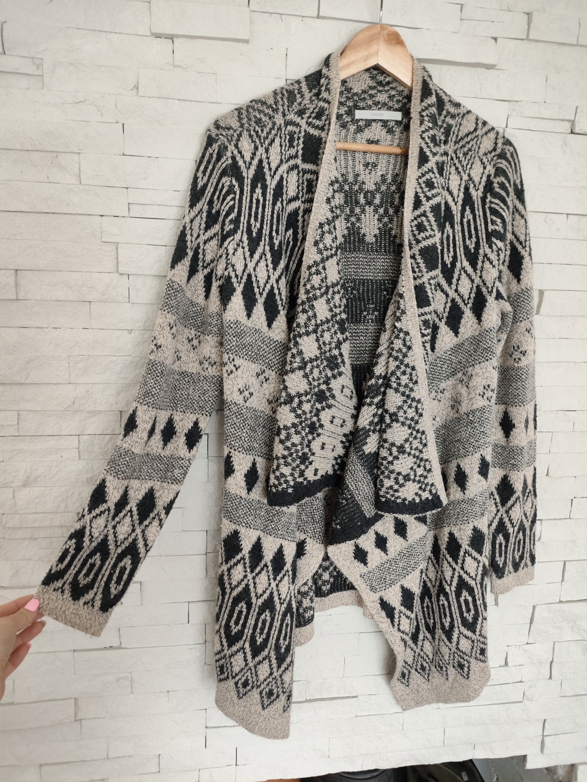 George Women Cardigan 16 Black Beige Casual open Knit long sleeve Chunky Aztec