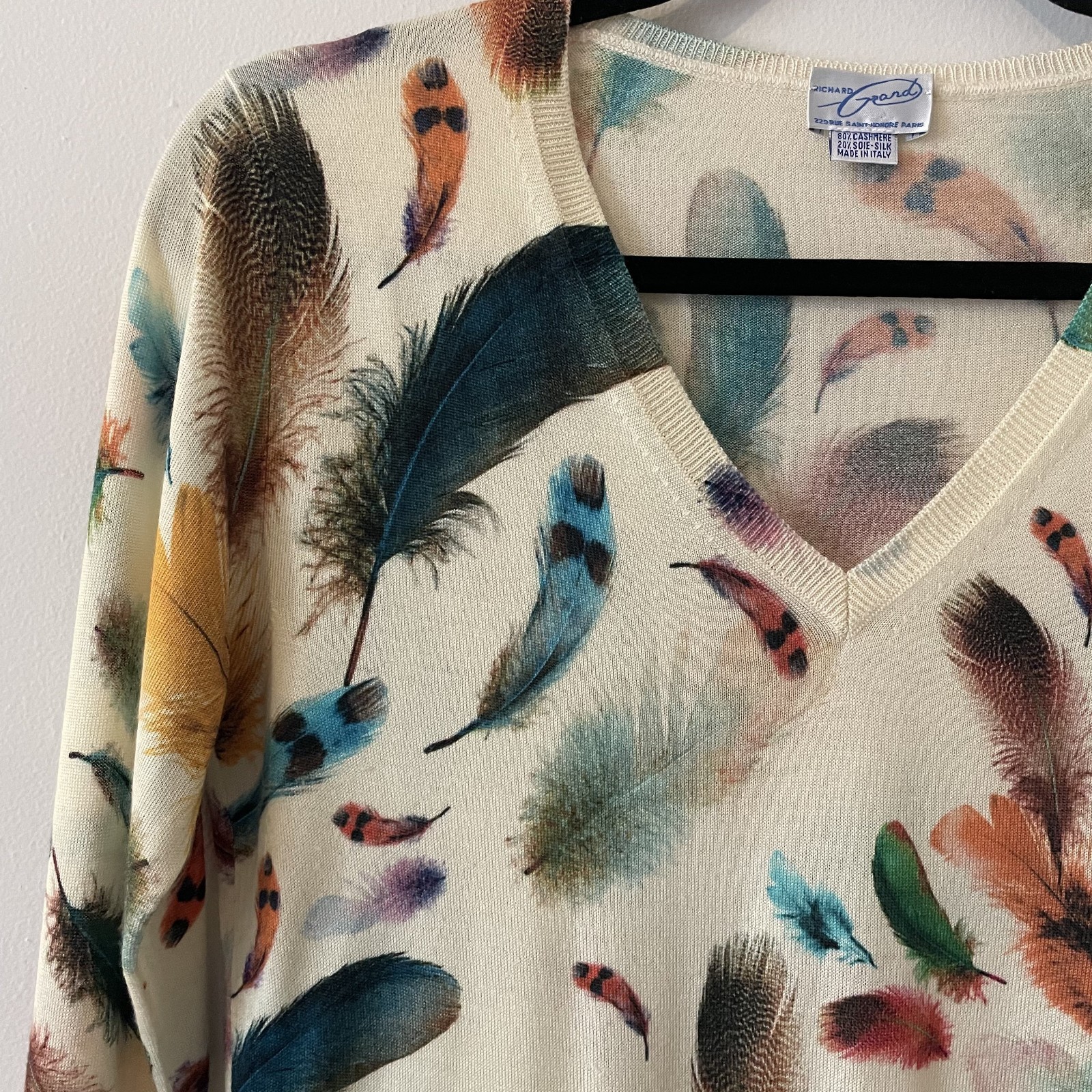 Richard Grand Cashmere Silk Feather Printed Knit Sweater Size S Novelty Luxury
