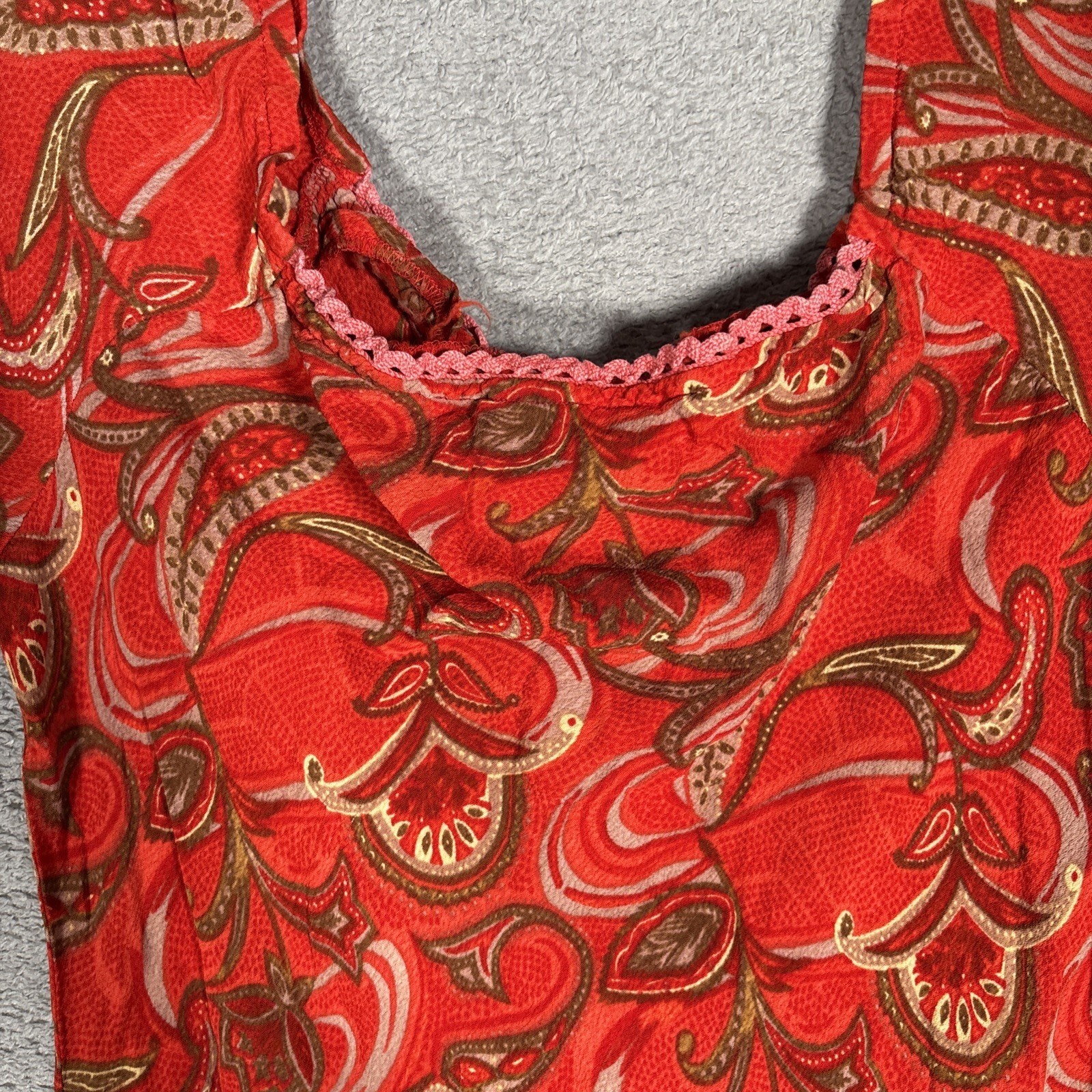 Rampage Vintage 90s Red Paisley Rayon Midi Dress Square Neck Ruffle Hem Fits XS