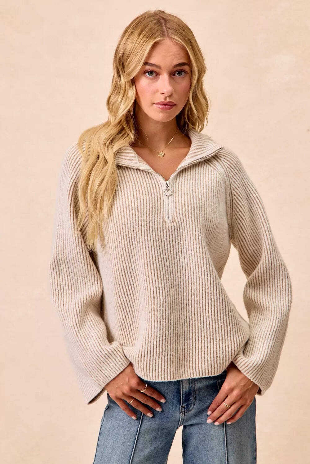 Women’s BiBi Two Tone Rib Texured Knit Collared Top with Zip Up Ribbed Polyester