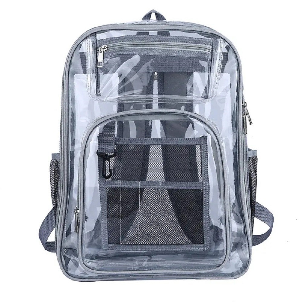 Clear backpack, large, gray trim, 17.3 inch x 6.3 inch x 12 inch, can sell bulk