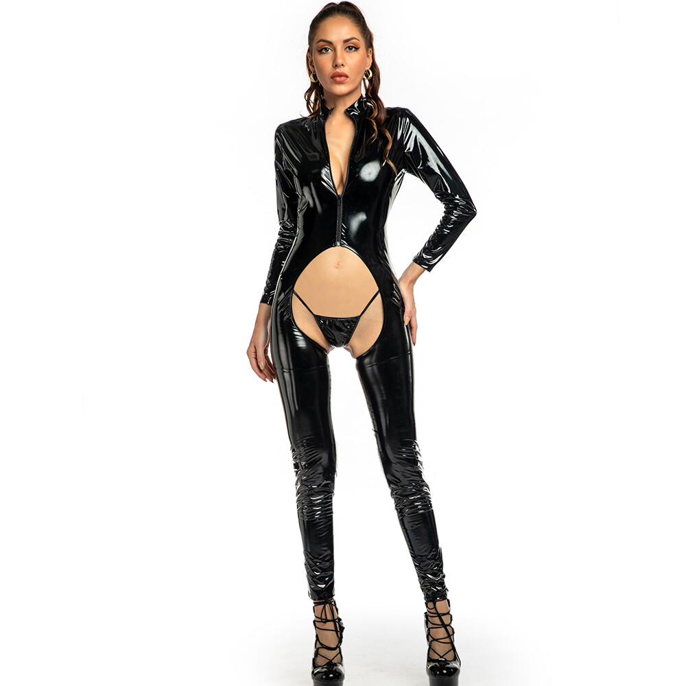 Womens PVC Leather Shiny Wet Look Jumpsuit Crotchless Bodysuit Catsuit w/ T-back