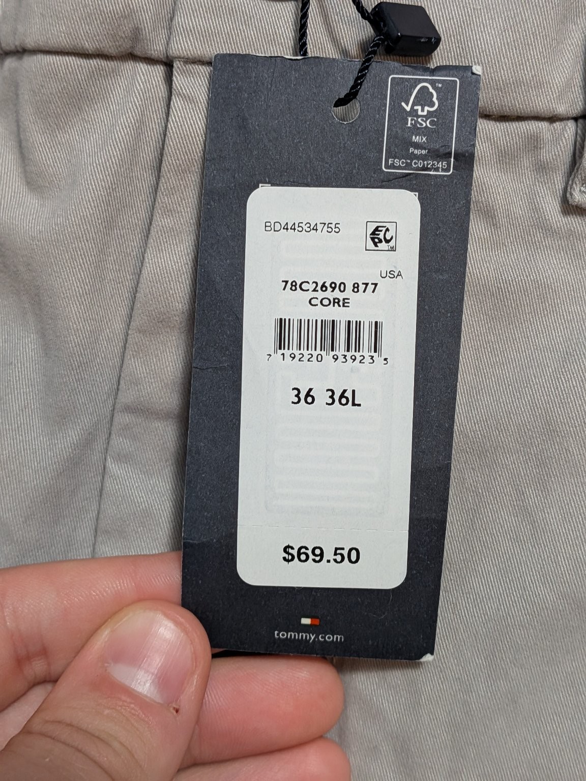 Tommy Hilfiger THFLEX Mens Pants Core Beige 36×36 Classic Fit Stretch Chino