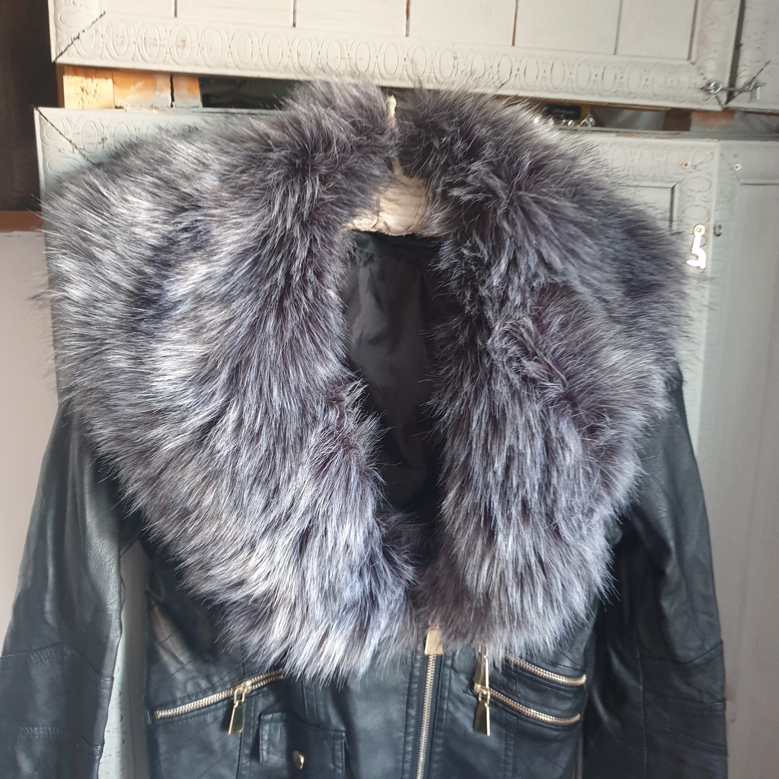 Flamant Rose Black Faux Leather Bomber Biker Jacket Sz S Grey Faux Fur Collar