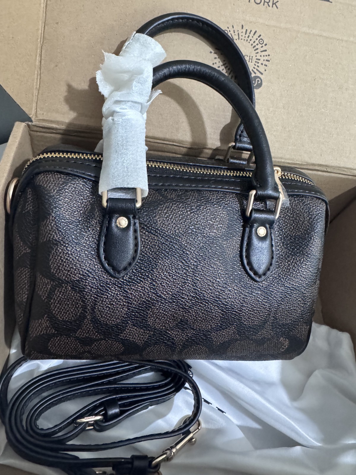 NEW Coach Mini Rowan Crossbody Bag In Signature Canvas CW329 Gold/Walnut/Black